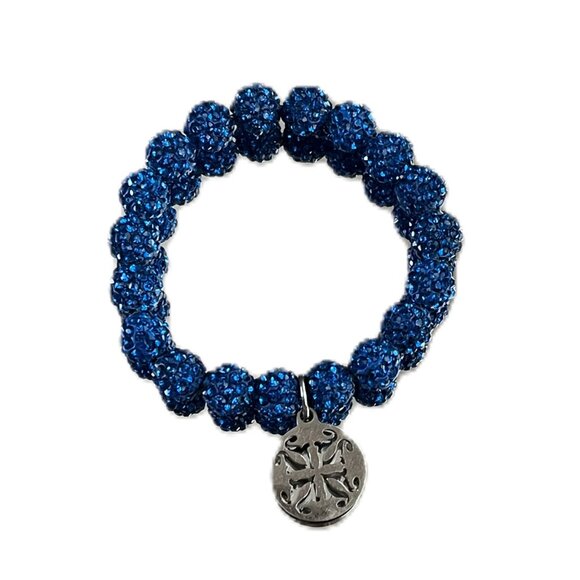 Rustic Cuff Metal Stainless Steel Shambala Beaded Stretch Bracelet Bluie - Picture 3 of 3